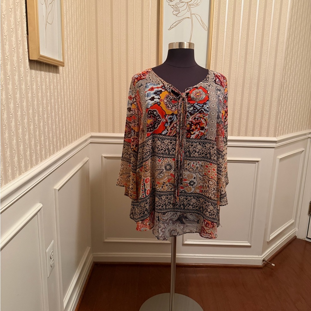 ONE WORLD Multicolor Floral Paisley Boho Blouse - Orange, Red, Blue